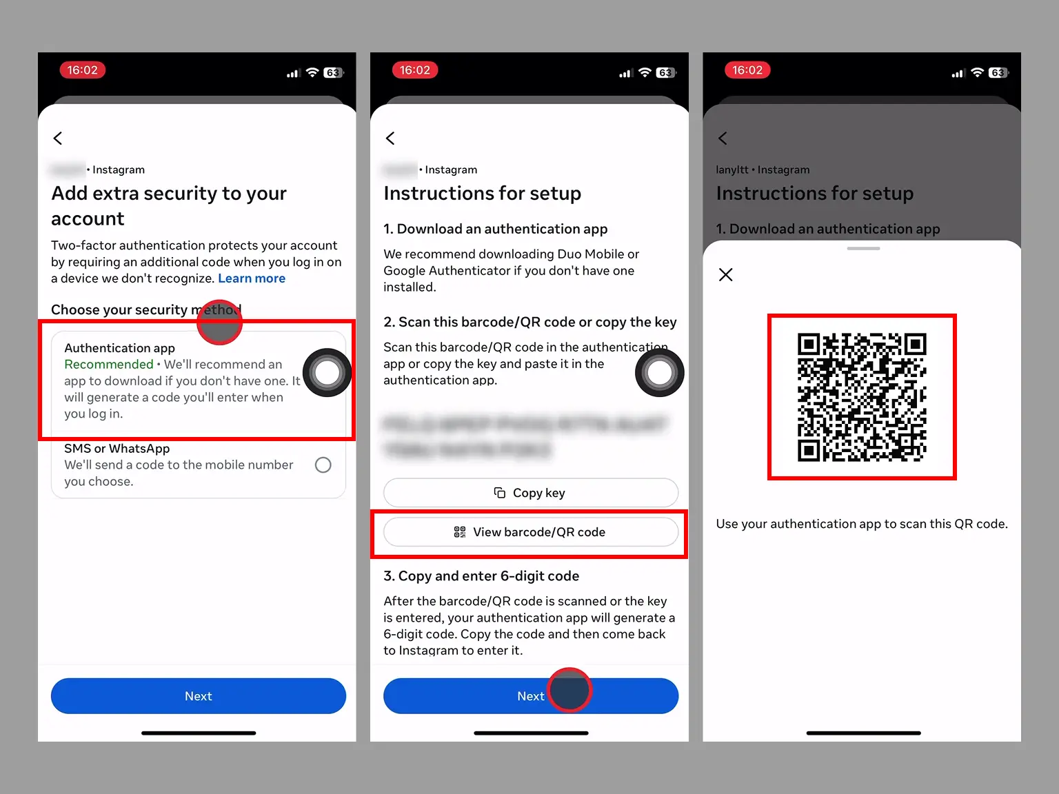 You'll need to choose your security method. Select the Authentication app. Then choose View barcode/QR code, then choose Next