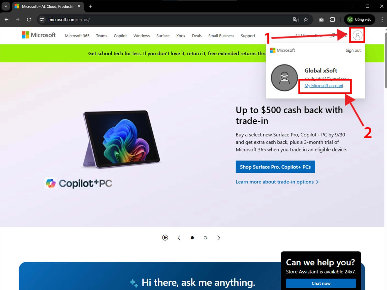 Locate 2FA settings on Microsoft account page with user profile icon and dropdown for account settings highlighted.