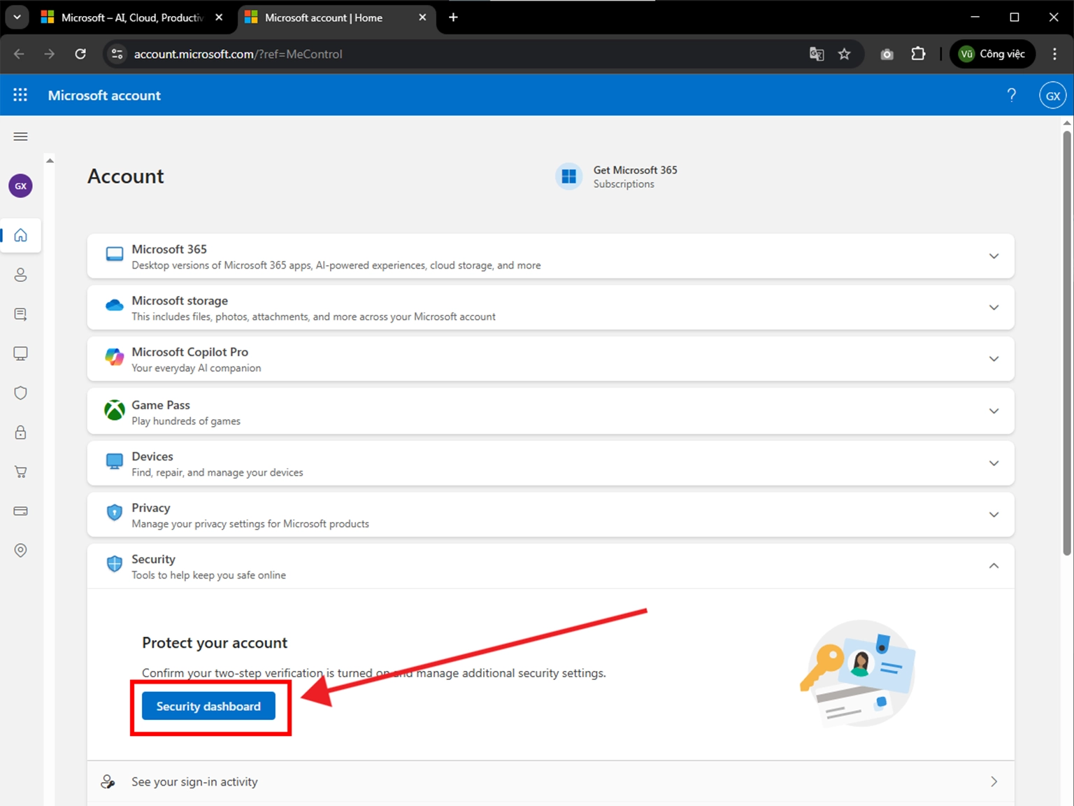 Microsoft security dashboard to manage two-step verification and additional security settings.