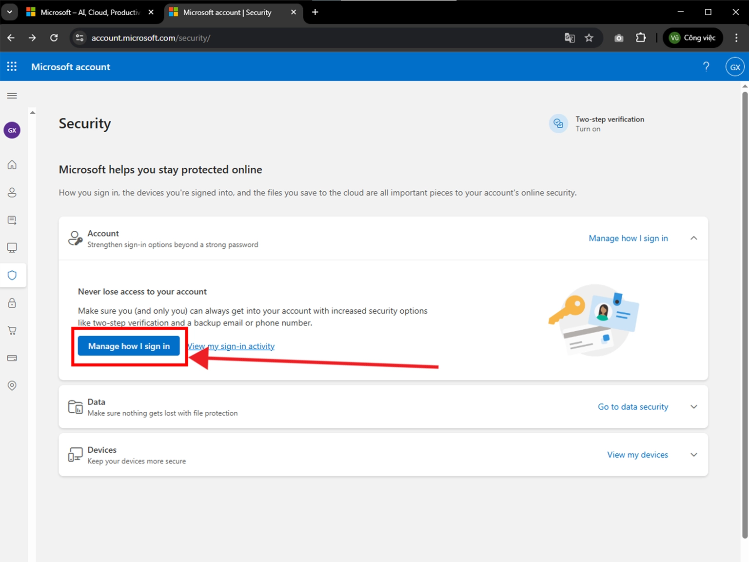 On Security, click Manage how I sign in.