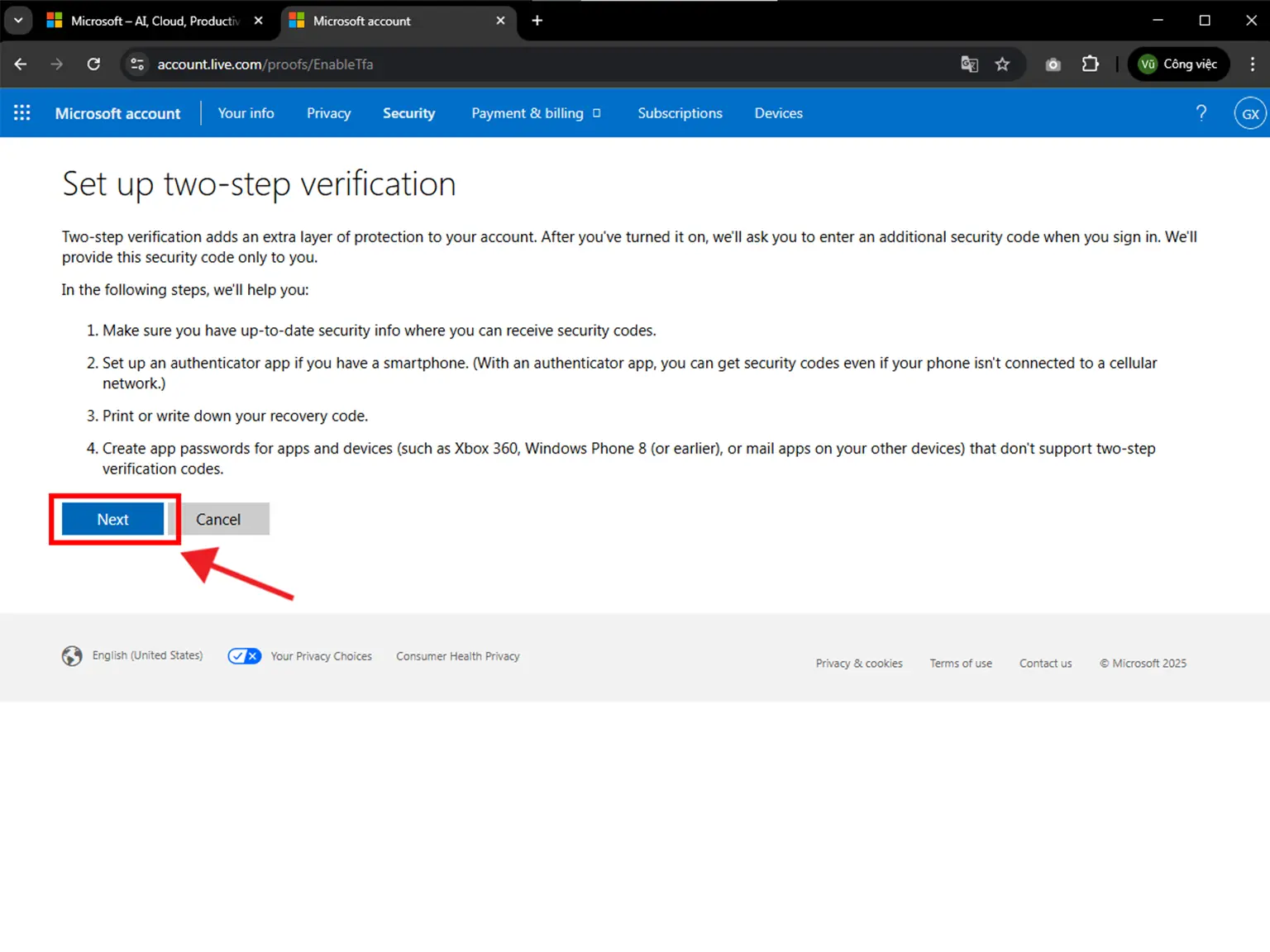 Microsoft two-step verification setup page with option to proceed to the next step by clicking the 'Next' button.