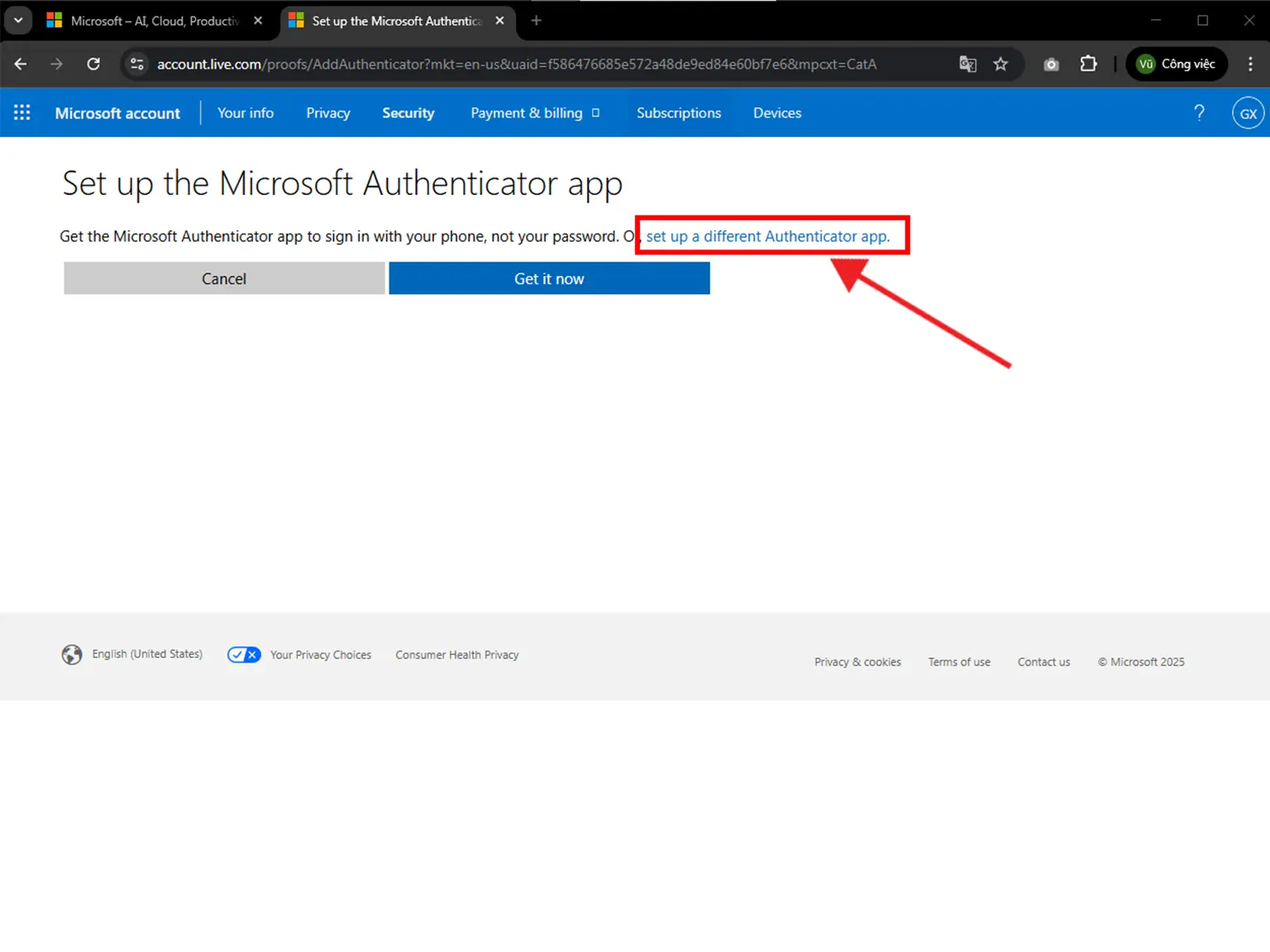 Microsoft two-step verification setup page with option to proceed to the next step by clicking the 'Next' button.