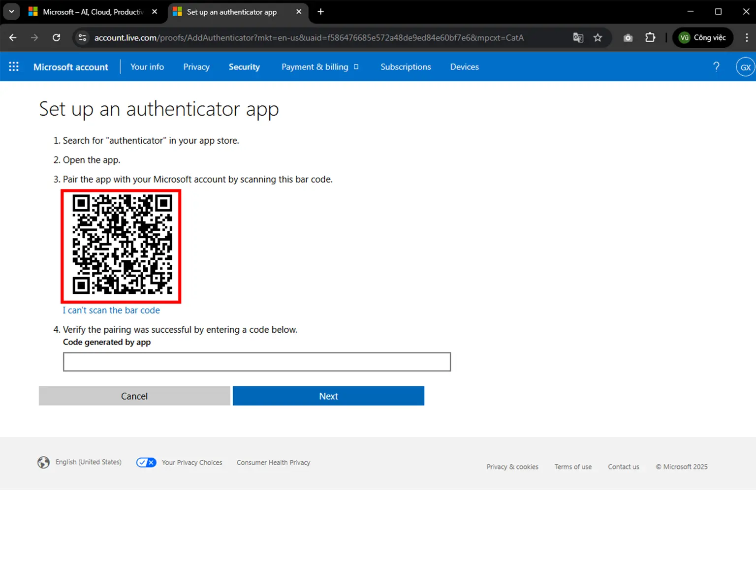 In this step is shown the QR Code that contains the secret key which you need to scan with Authenticator App