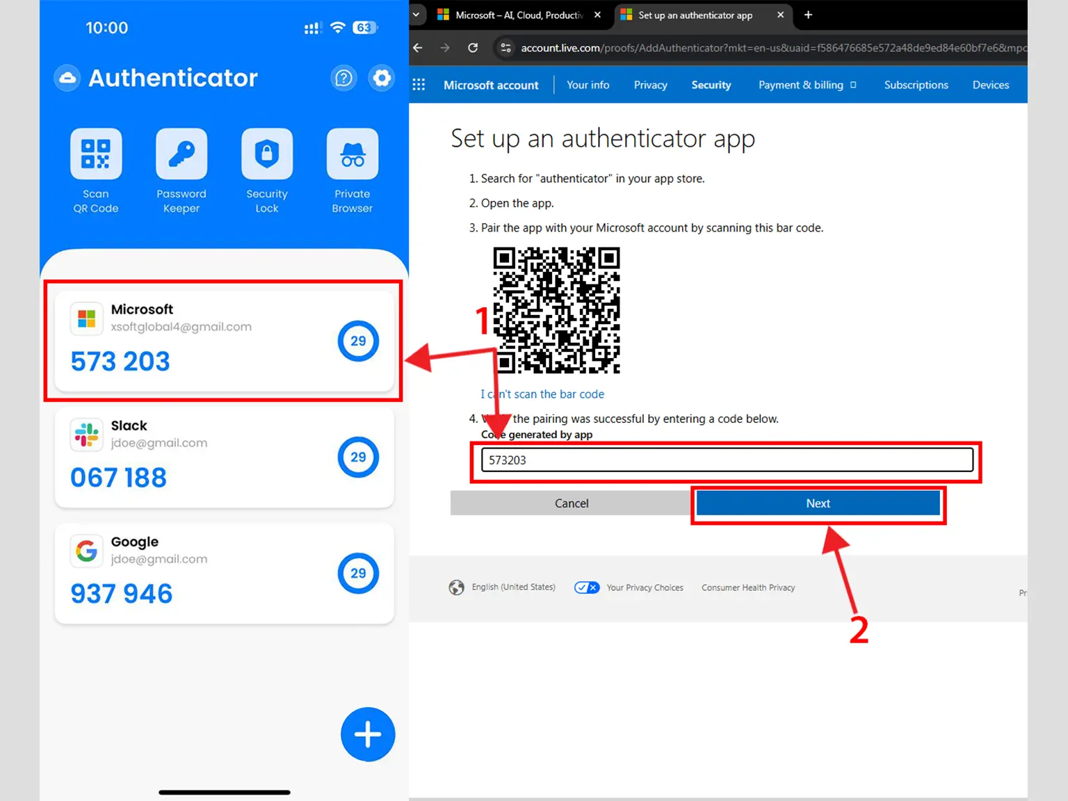 Copy the numerical code provided from the Authenticator App and confirm it on the Microsoft website, and then click Next